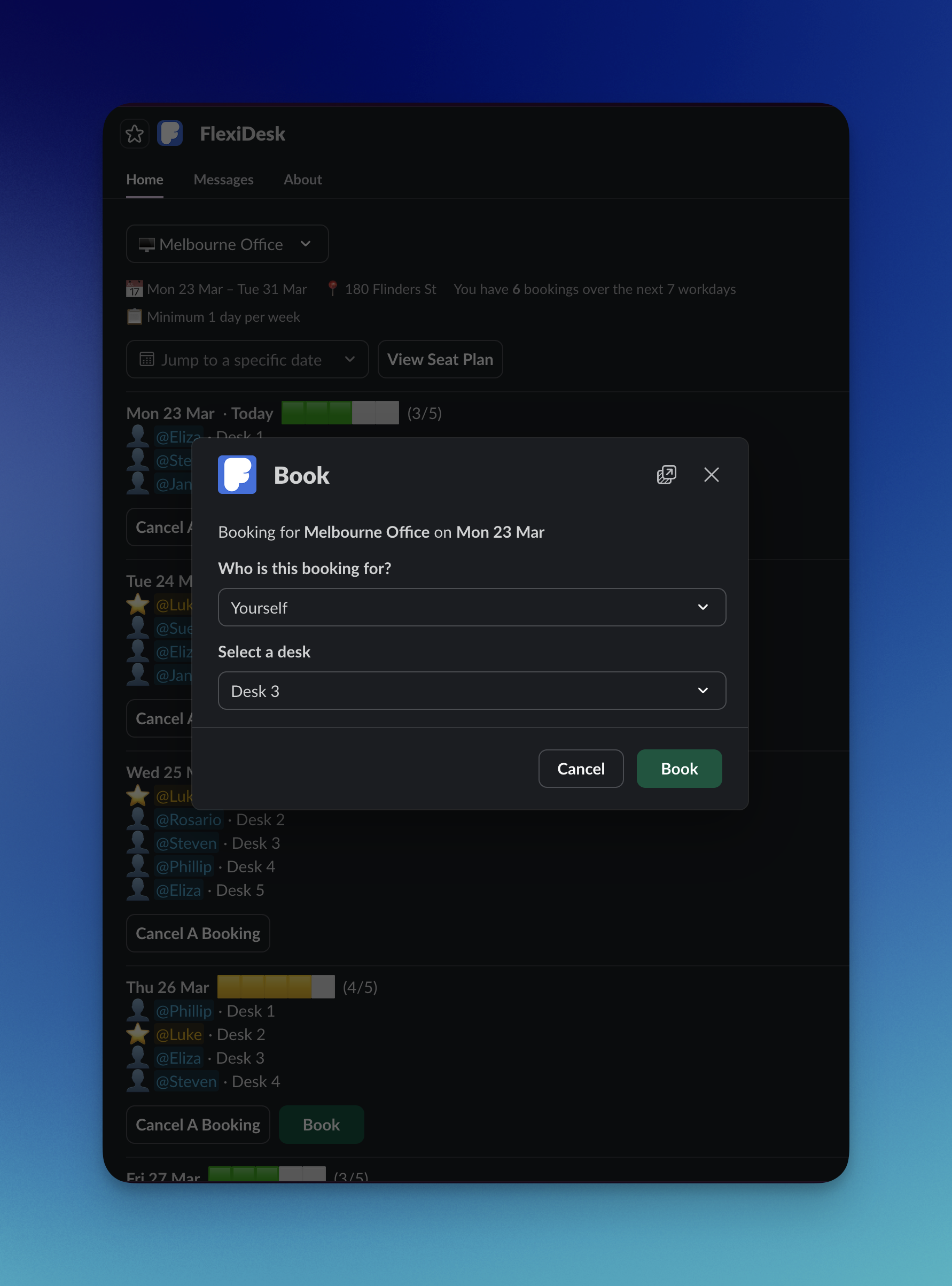 Book a desk in seconds — FlexiDesk Slack interface screenshot