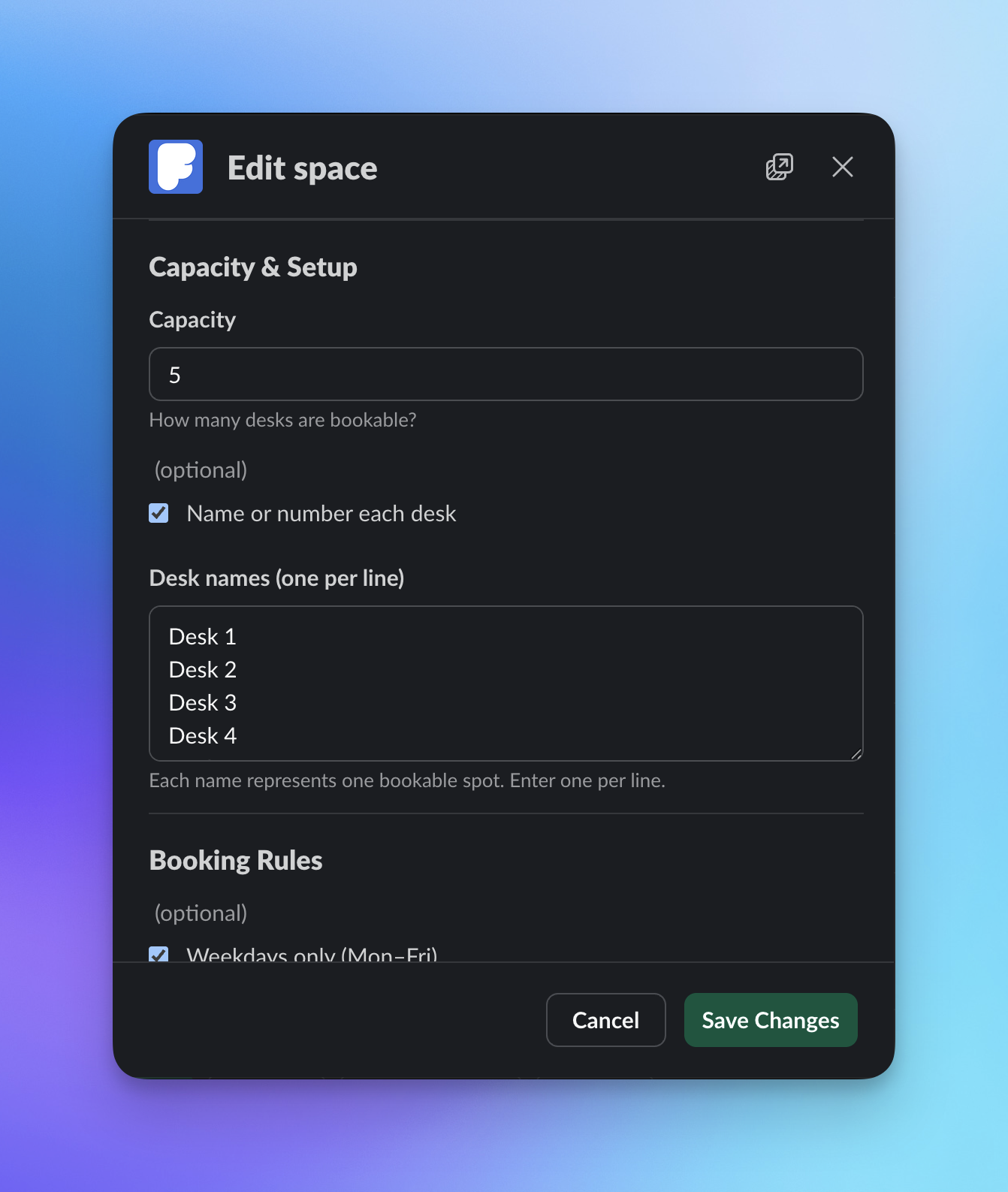 Desks — FlexiDesk workspace booking screenshot