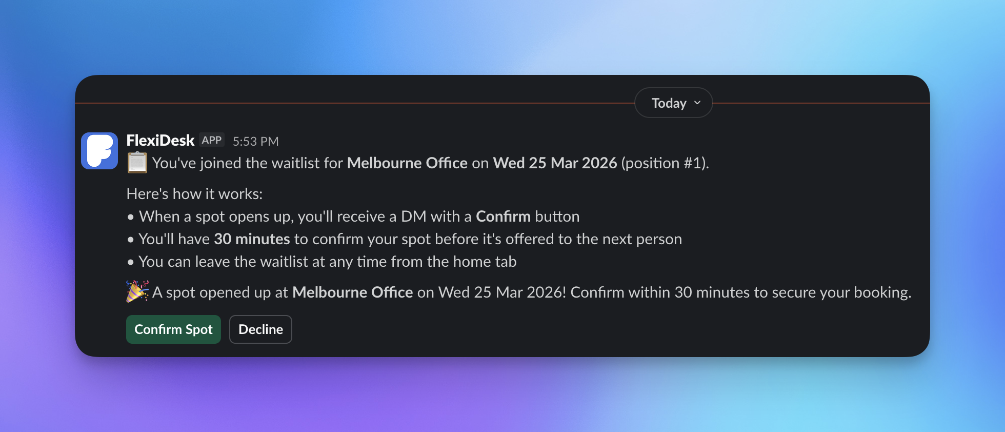 Never miss a spot with Waitlist — FlexiDesk Slack interface screenshot